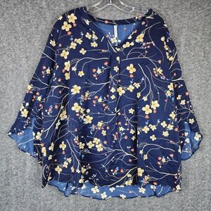 Aodemo Floral V-Neck Blouse Women 4XL Navy Blue 3/4 Sleeve Pleated Top NWT
